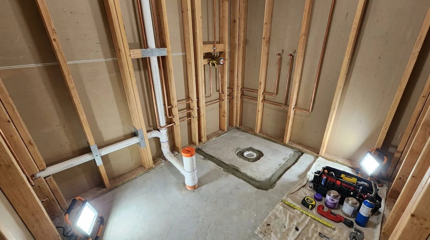 Bathroom rough-in plumbing during remodel by Johns Plumbing LLC in Shafer