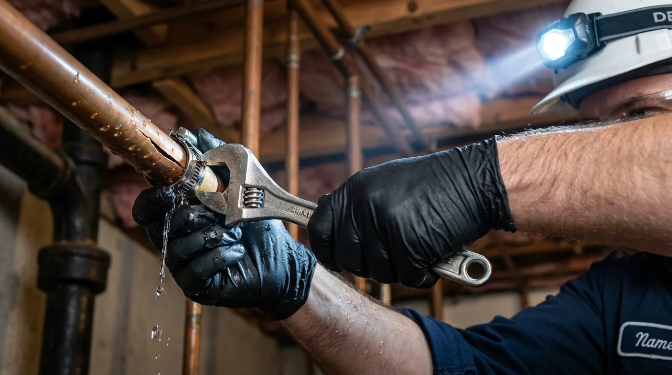 Emergency pipe clamp repair being performed by a Johns Plumbing LLC plumber in Shafer
