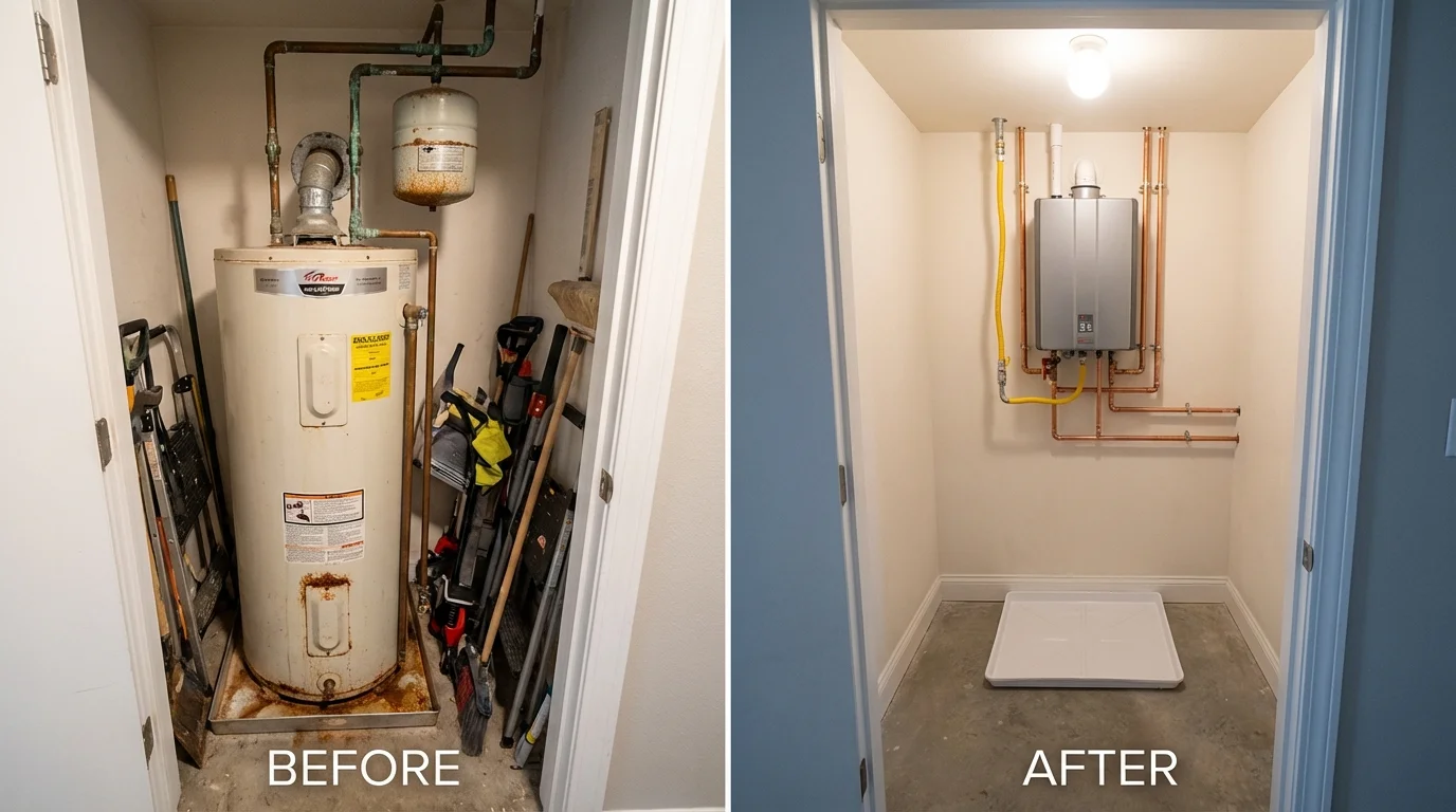 Tank water heater versus wall-mounted tankless unit comparison for Shafer, MN homeowners
