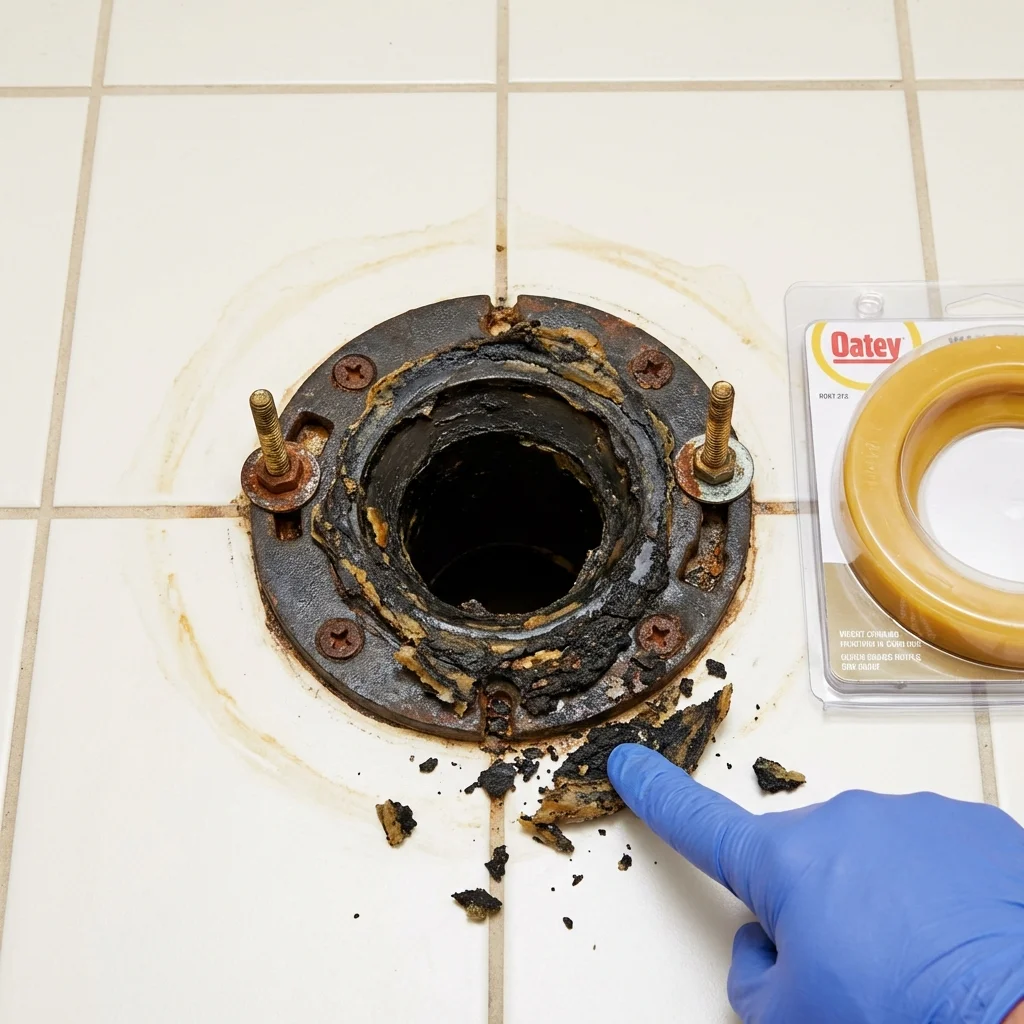 Failed wax ring showing water seepage at the base of a toilet in a Shafer, MN home