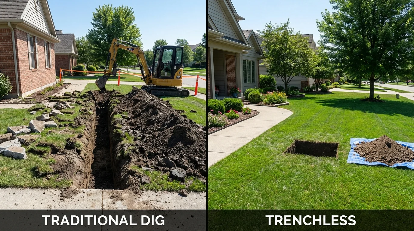 Trenchless sewer repair with minimal yard damage versus traditional excavation in Shafer, MN