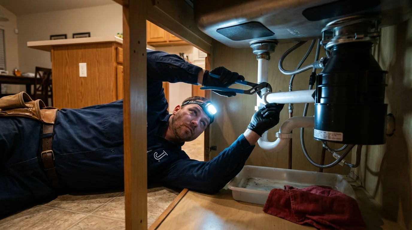 P-trap and supply line connections under a kitchen sink showing a common leak point in Shafer, MN